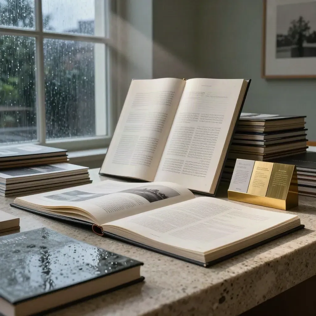 Editoriales Portfolio-Studio mit aufklappter Mappe, Projektboards und Steinplatte im Regenabend.