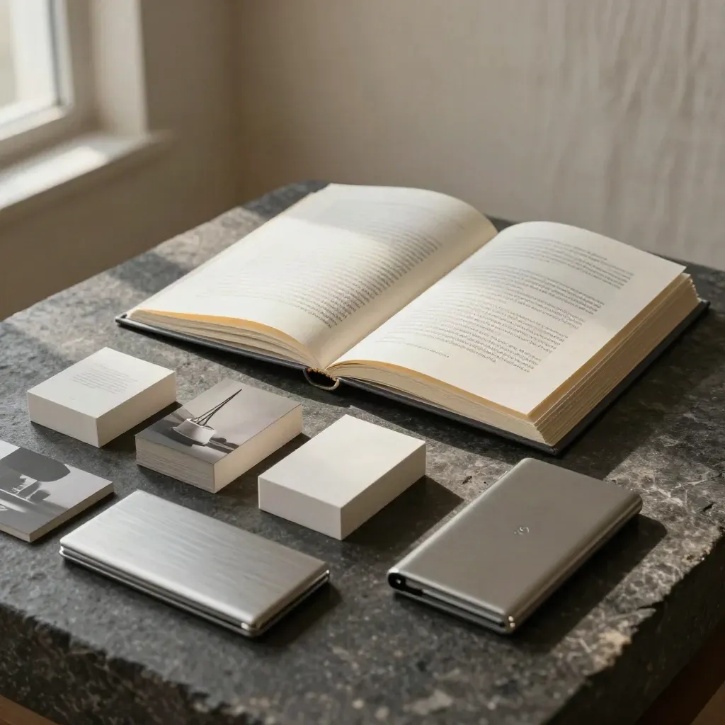 Offene Portfolio-Broschüre, Bio-Heft und Kontakt-Organizer auf dunklem Stein im warmen Licht.