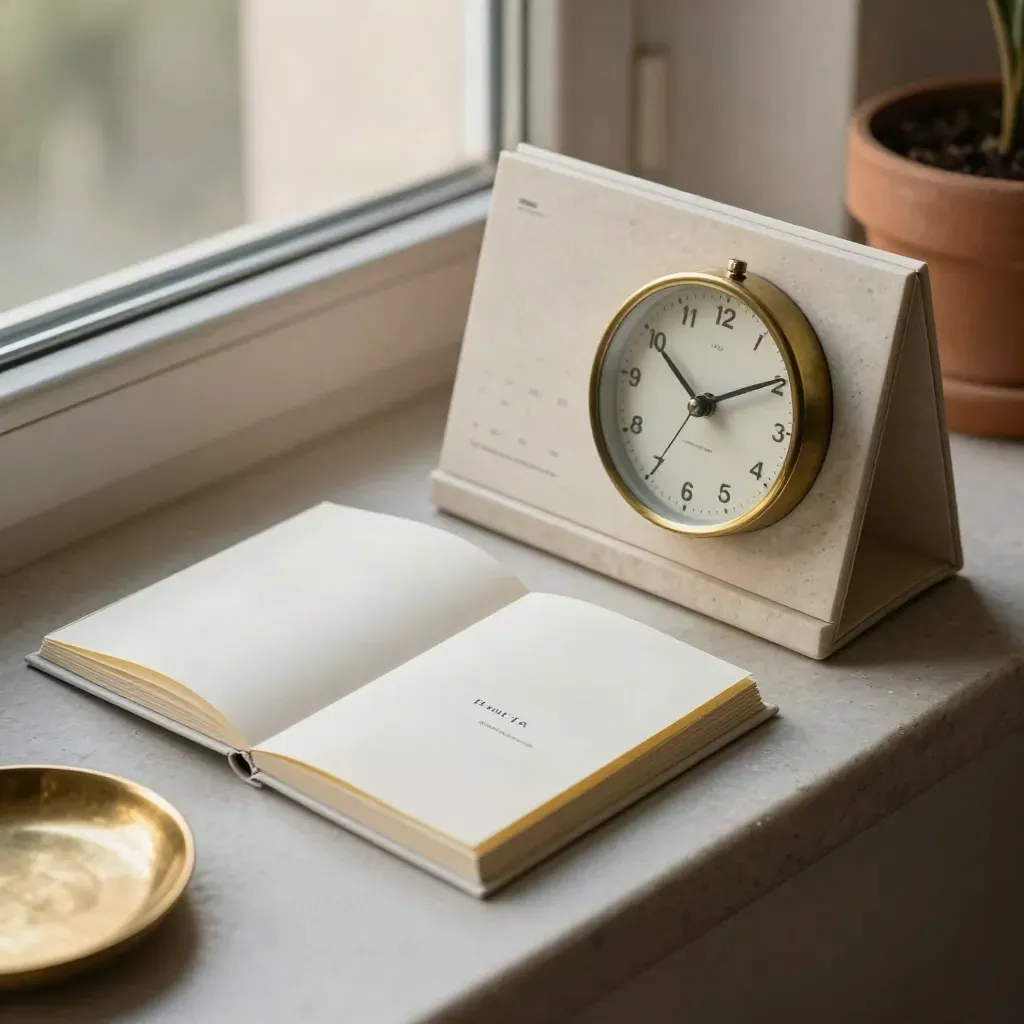 Kalender, gefalteter Kartenstreifen und schmale Uhr auf Stein im ruhigen Morgenlicht.