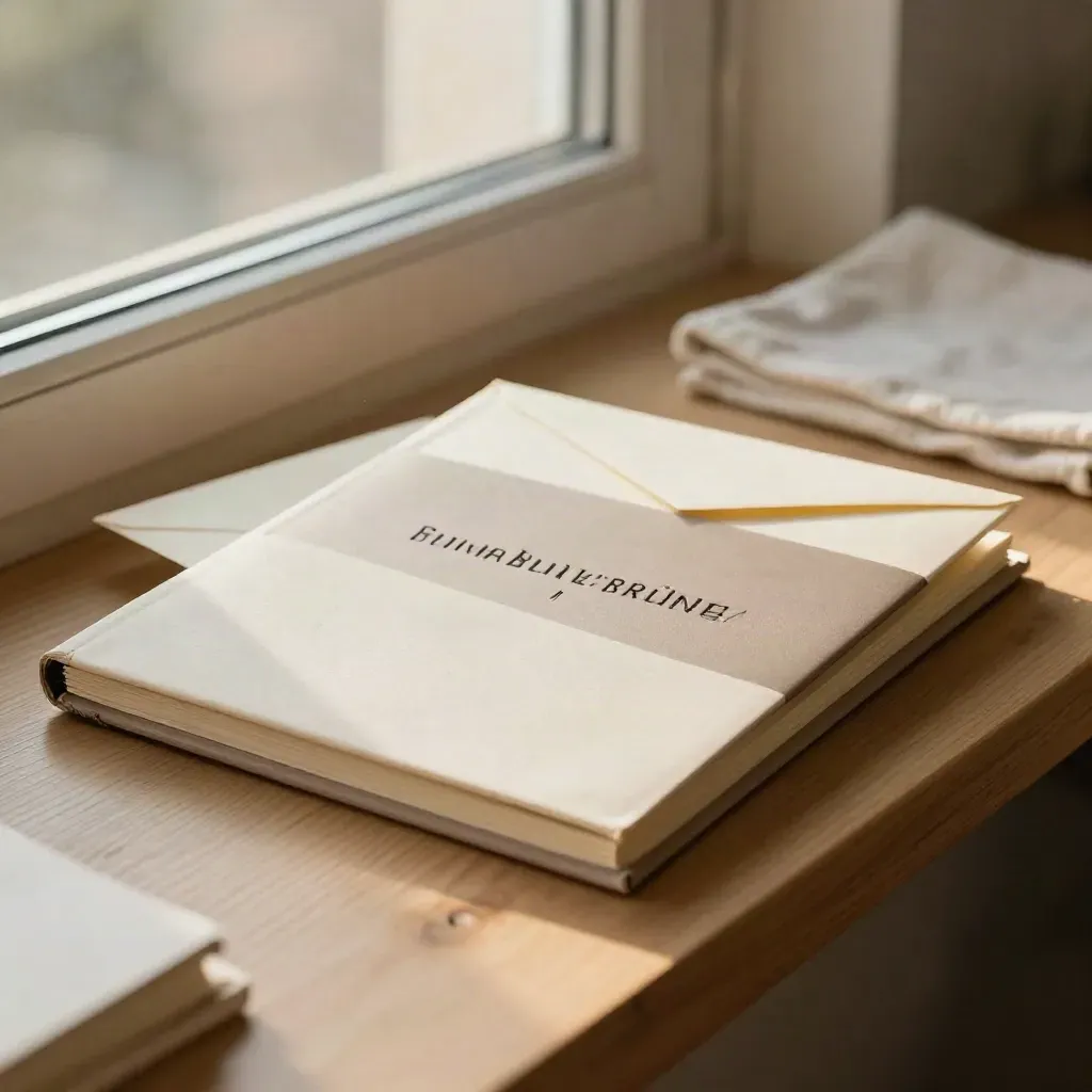Bewerbungsmappe, Portfolio-Folio und Umschlag auf hellem Holz im warmen Fensterlicht