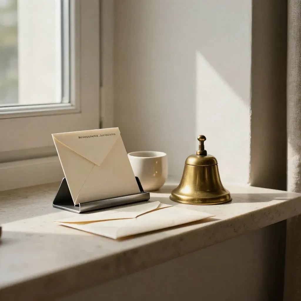 Kontakt-Set mit Messingglocke, Keramikschale und Ivory-Karte auf Stein im moody Licht.