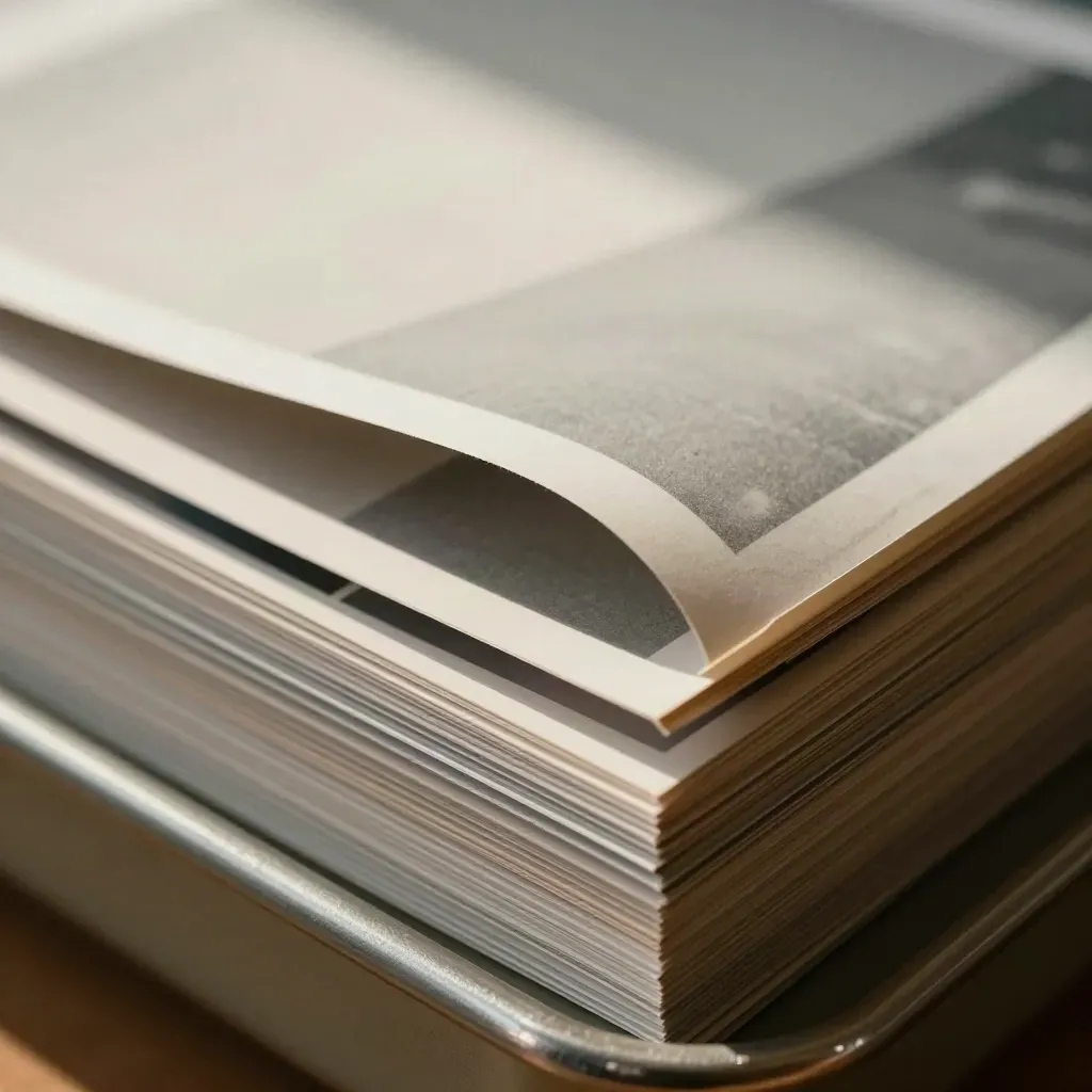 Stapel von Fotoabzügen und Proofstreifen in weichem Licht für die Bildauswahl.