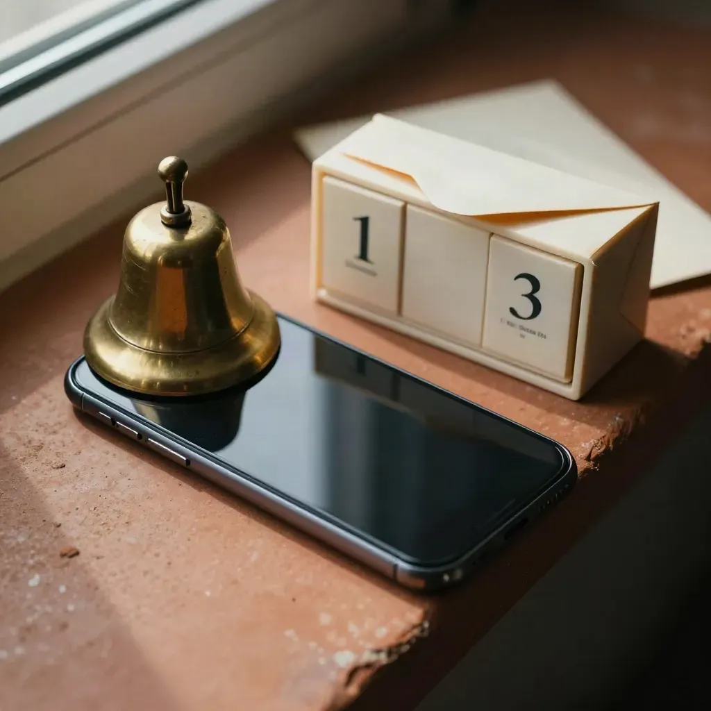 Dunkles Smartphone, Messingglocke, Kalenderblock und Umschlag auf terrakottafarbener Fläche.