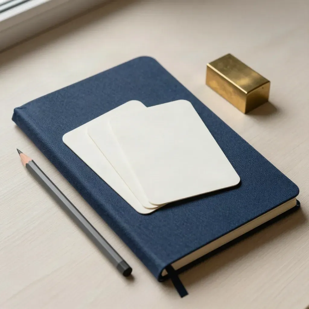 Leinennotizbuch, Mood-Karten, Bleistift und Messing-Papiergewicht auf hellem Holz