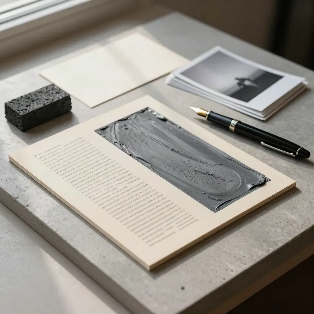 Overhead-Flatlay mit Layoutboards, Füllhalter, Graphitblock und umgedrehten Bildabzügen auf Stein.