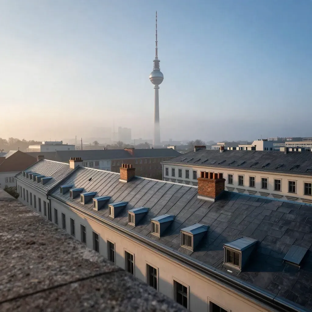 Berliner Fernsehturm über tiefen Dächern im Morgennebel