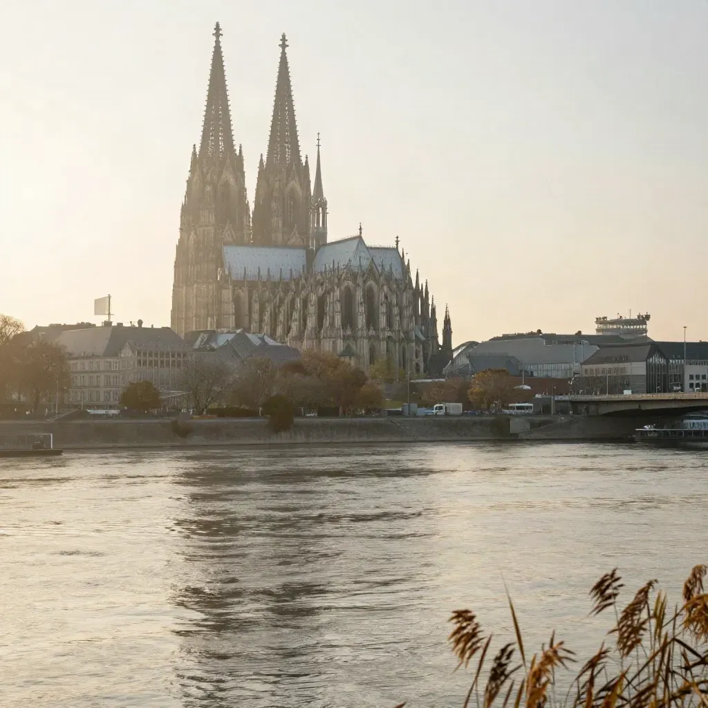 Kölner Dom über dem Rhein im warmen Dunst, ruhige Wasserfläche und viel Platz für Text