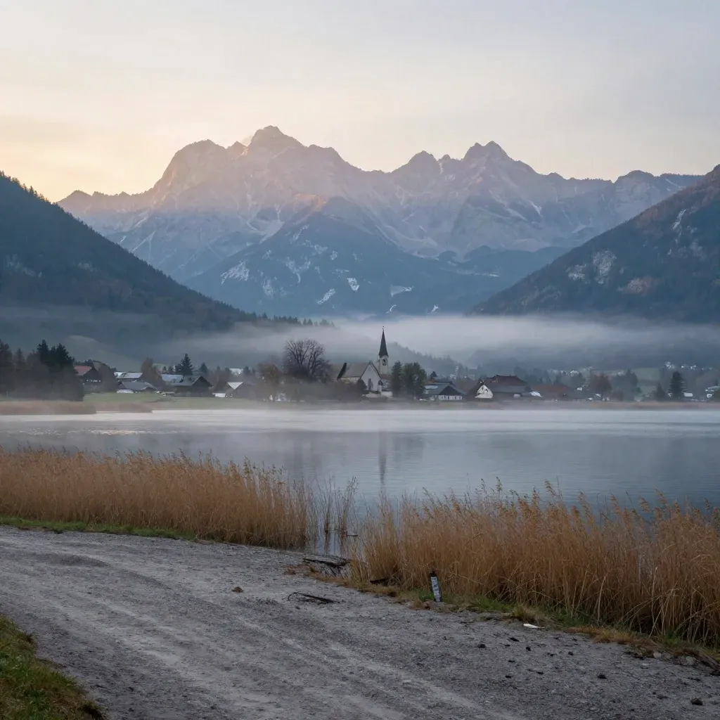 Morgenlicht über den bayerischen Voralpen am stillen Seeufer mit fernem Kirchturm.
