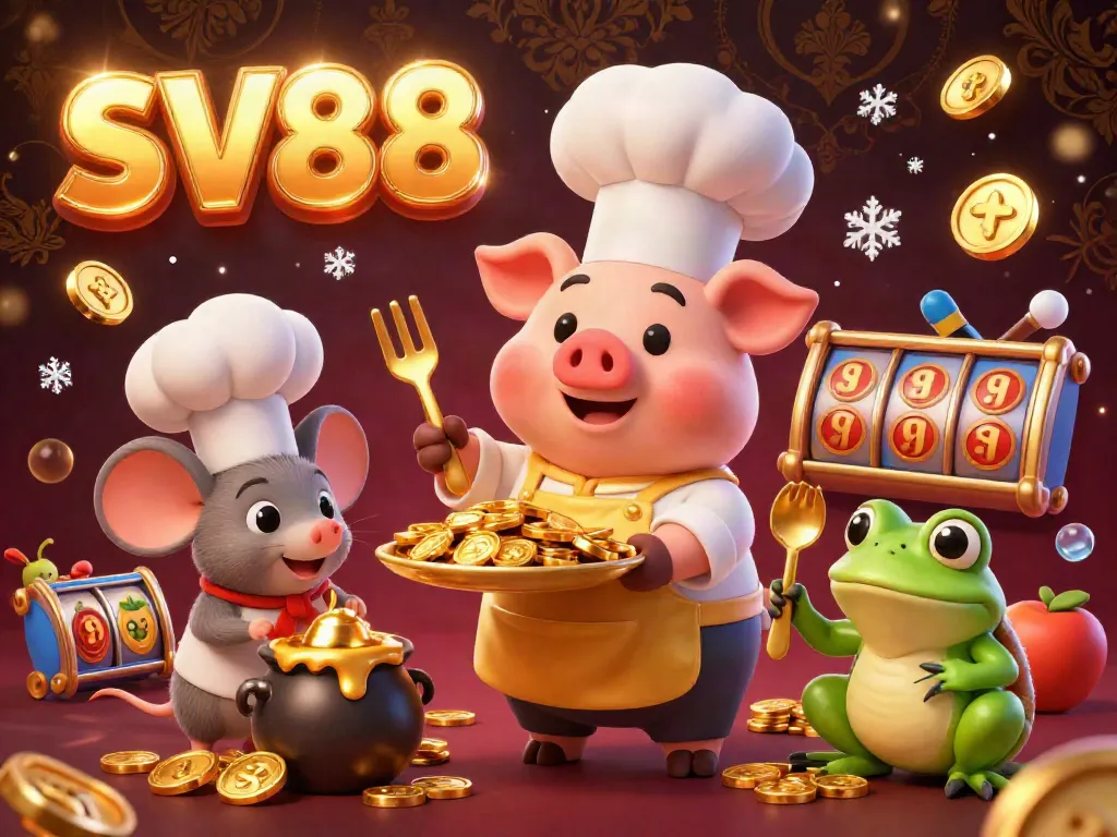 Experience thrilling slots at SV88 with vibrant cartoon characters and a dynamic casino backdrop.