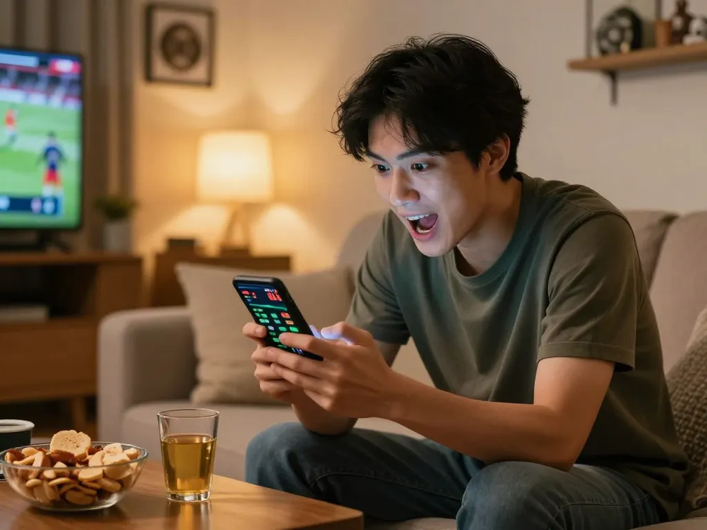 Engaged bettor using smartphone for live sports betting on 7m-7m at home with snacks