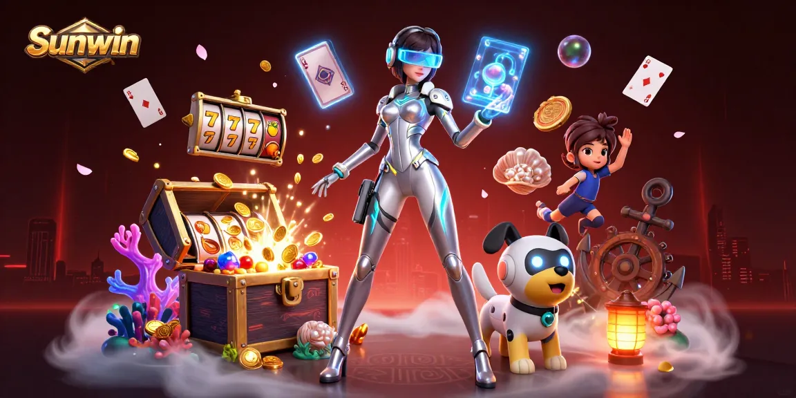 Sunwin slots experience with a futuristic woman and a robot dog surrounded by vibrant casino elements.