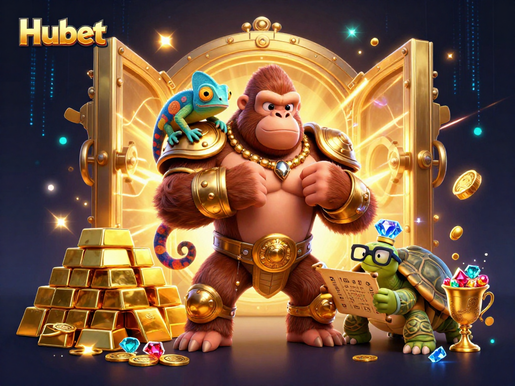 Immerse yourself in the Hubet casino adventure with the gorilla king and his chameleon companion.