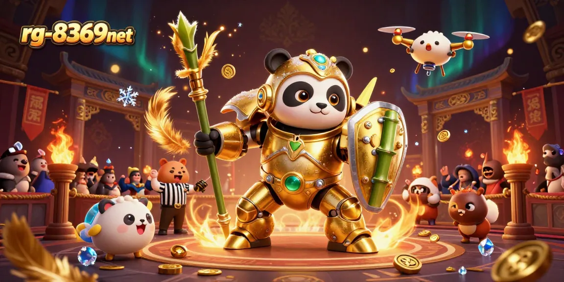 Engage with rg-8369net in a vibrant 3D casino battle featuring a mech-suit panda.