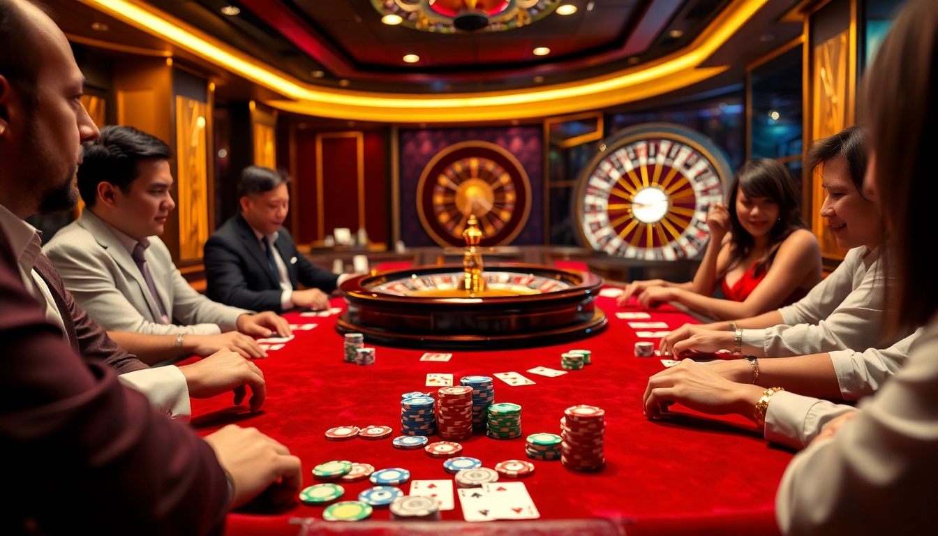 Captivating gaming experience at cổng game 789club featuring vibrant casino tables and poker players.
