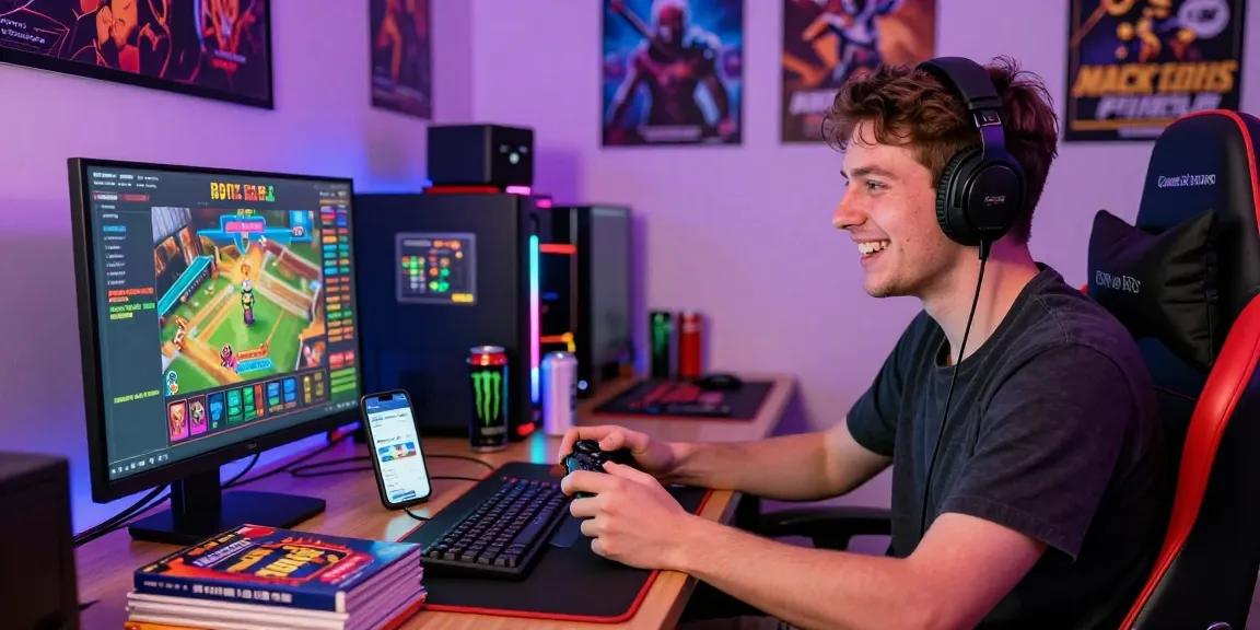 Junger Mann, der eine Paysafe Card Casino-Spielsession mit bunten Accessoires und sichtbarer Paysafecard-App genießt.