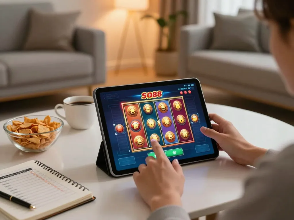 Engaging online gameplay on tablet for slot88 resmi with strategic snacks and notes nearby.