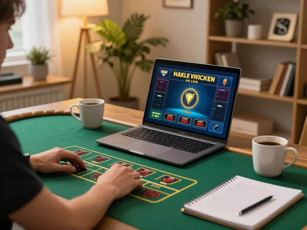 Player engages with TG88 online casino game on laptop, cozy gambling setup at home.