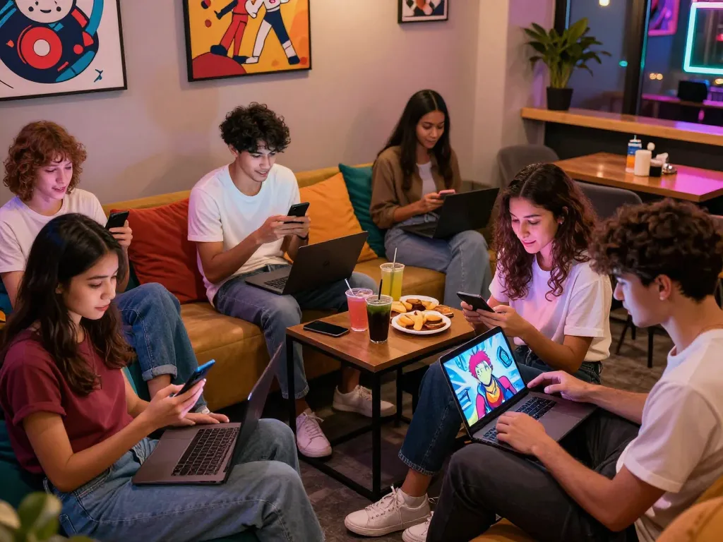 Engaging scene of young adults playing game sex visual novels in a vibrant lounge, showcasing diverse devices and lively atmosphere.