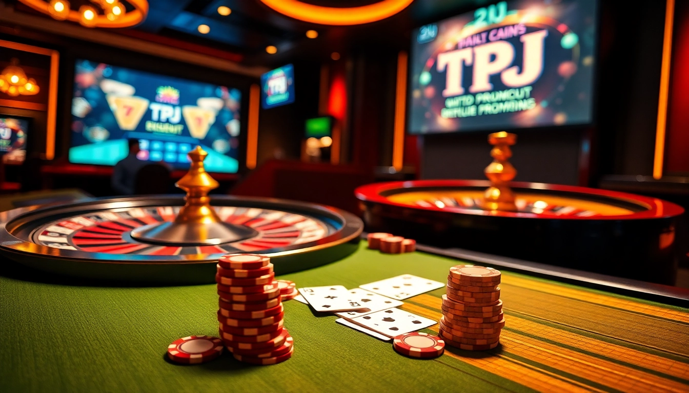 TPJ poker table setting with vibrant chips and cards, enhancing the gaming experience.