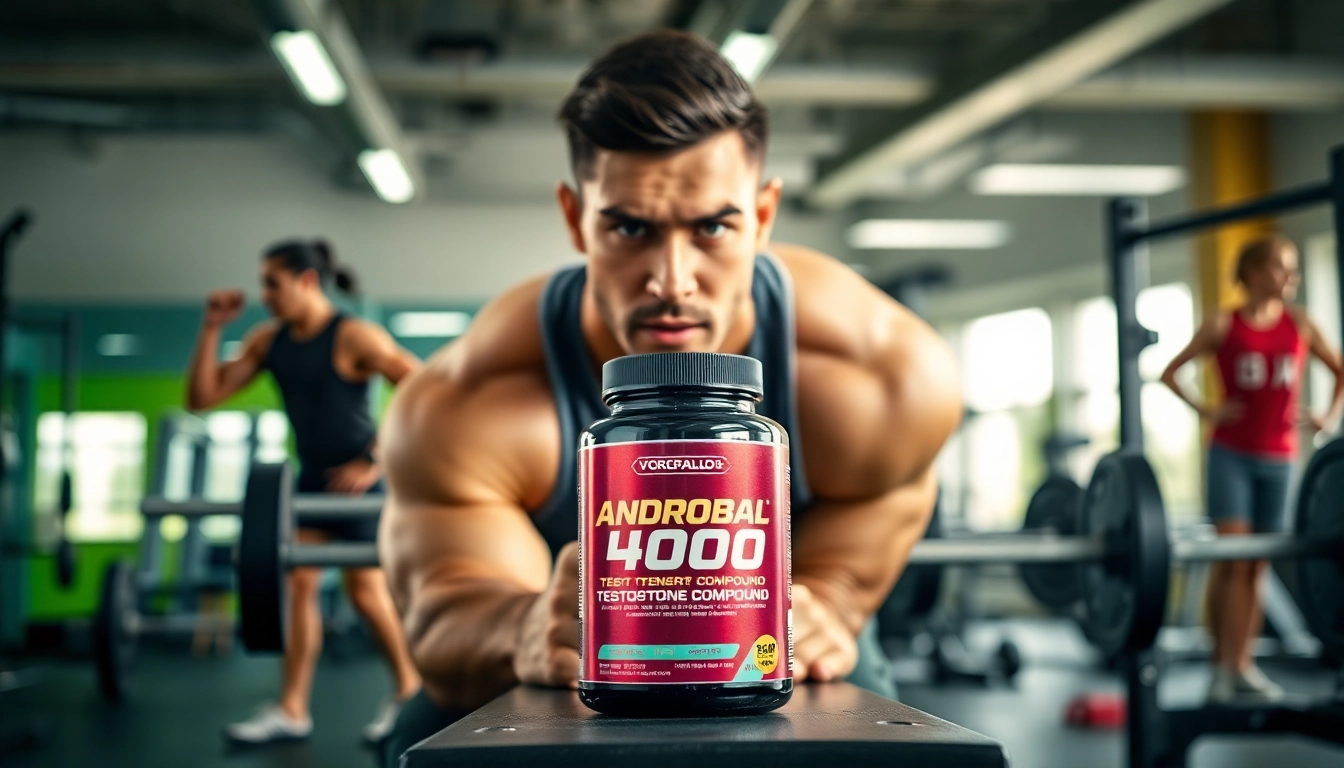 Androbal 400 Testosterone Compound for effective strength training in a vibrant gym environment.
