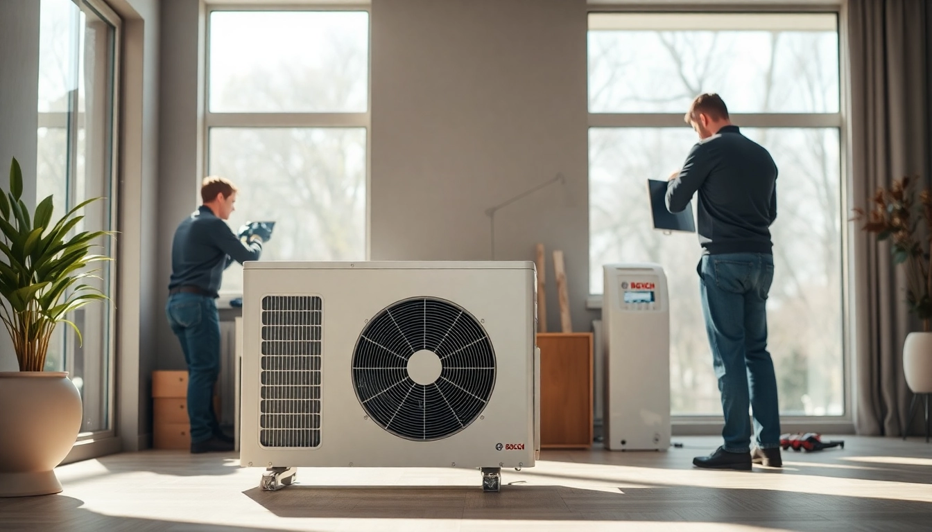 Installation der wärmepumpe bosch durch Fachleute in einem modernen Wohnumfeld.