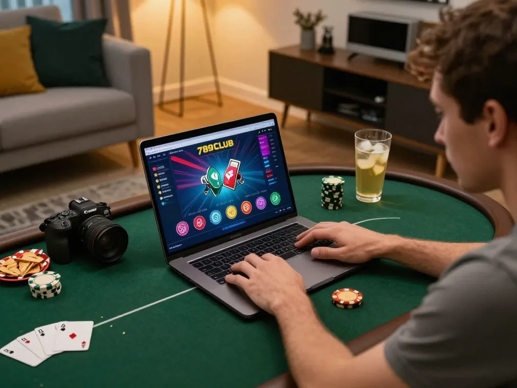 Engaging player on 789club laptop during strategic online poker session at home