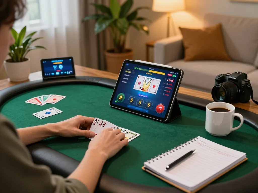 Engaged player strategizing poker on their tablet, showcasing QQ88COM’s online gaming experience.