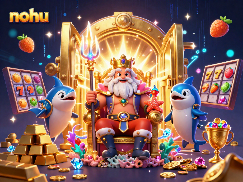 Nohu showcases the sea king Neptune with treasures and slot reels in a vibrant casino atmosphere.