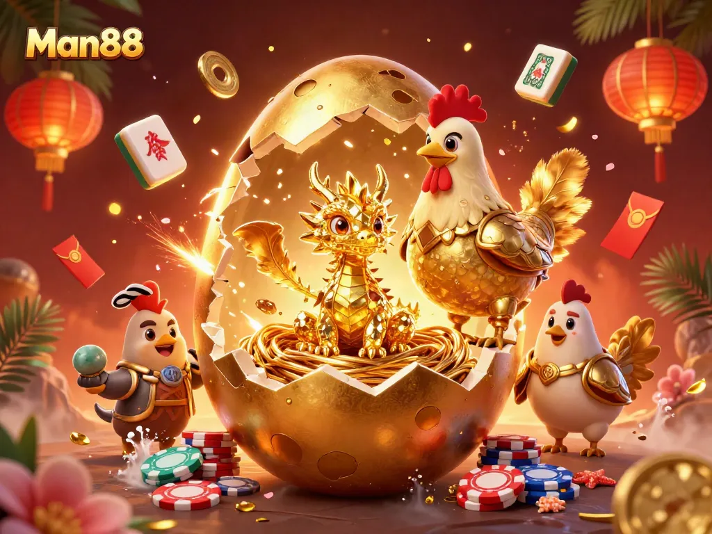 Experience the thrill of Man88 with golden dragon and vibrant casino elements in stunning 3D.