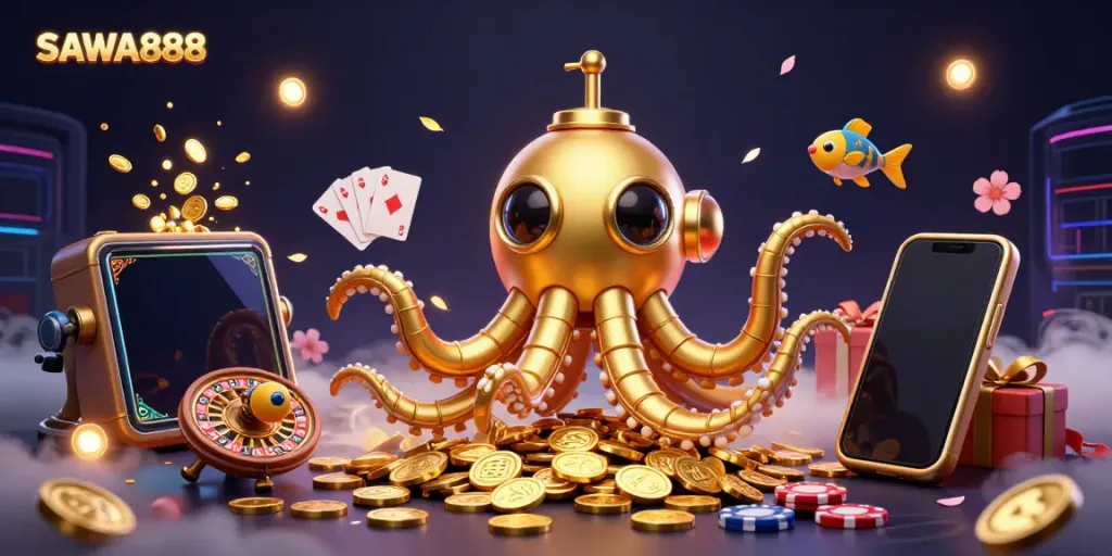 Experience gaming excitement at SAWA888 with a golden kraken submarine amidst golden coins and dynamic slot action.