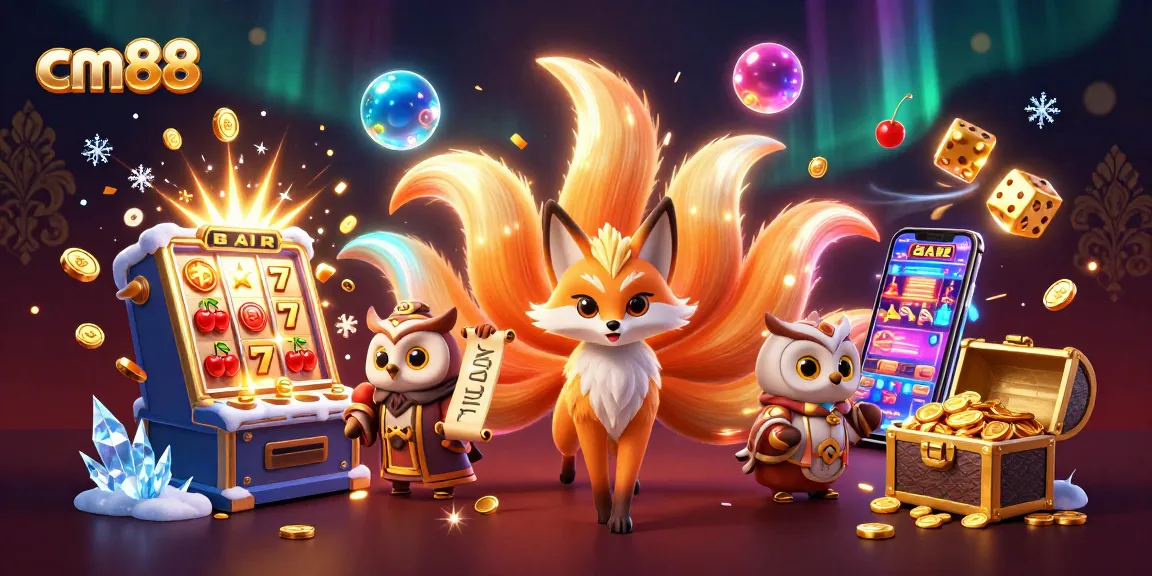 Experience the vibrant energy of cm88 with a colorful scene showcasing a nine-tailed fox and a wise owl among casino elements.