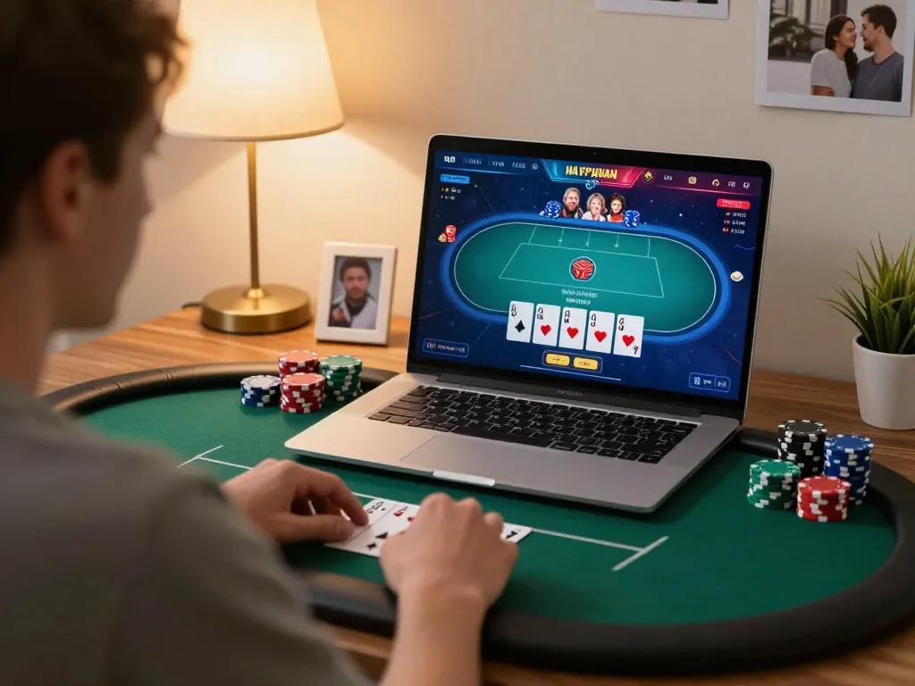 Player enjoying a strategic poker game on 78WIN platform from home, showcasing engaged gameplay with chips and cards
