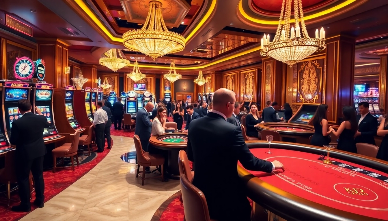 KJC players enjoying an exciting casino atmosphere with slot machines and poker tables.