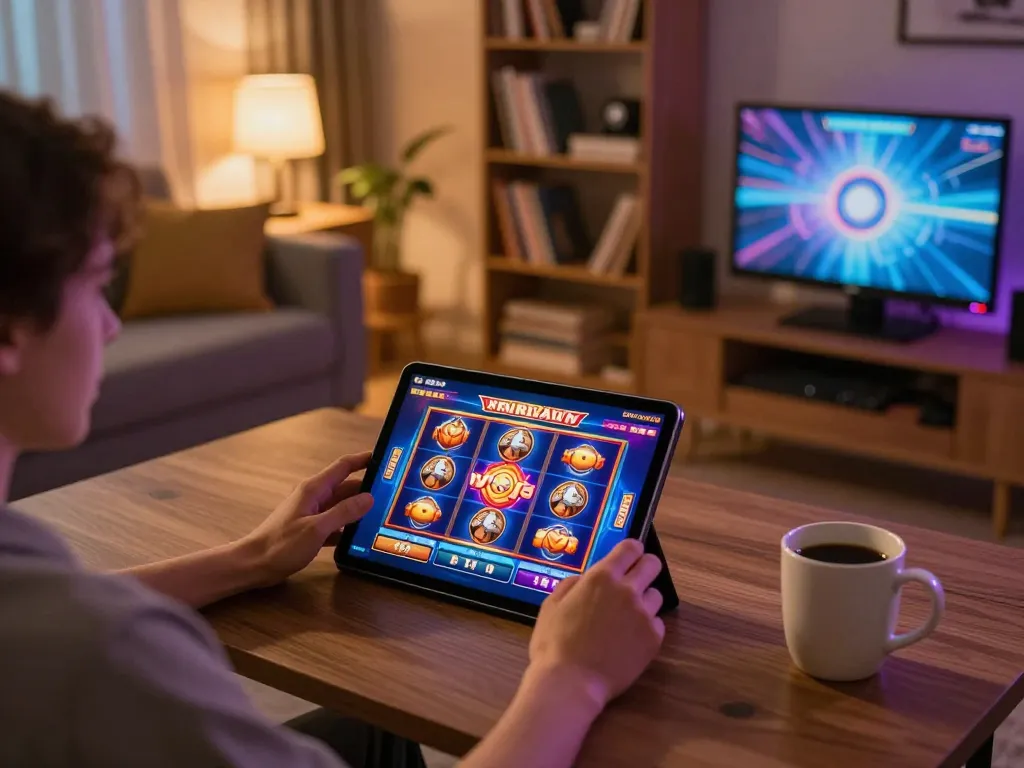 Experience thrilling Vmax gaming with a vibrant online setup featuring a tablet and slot graphics.