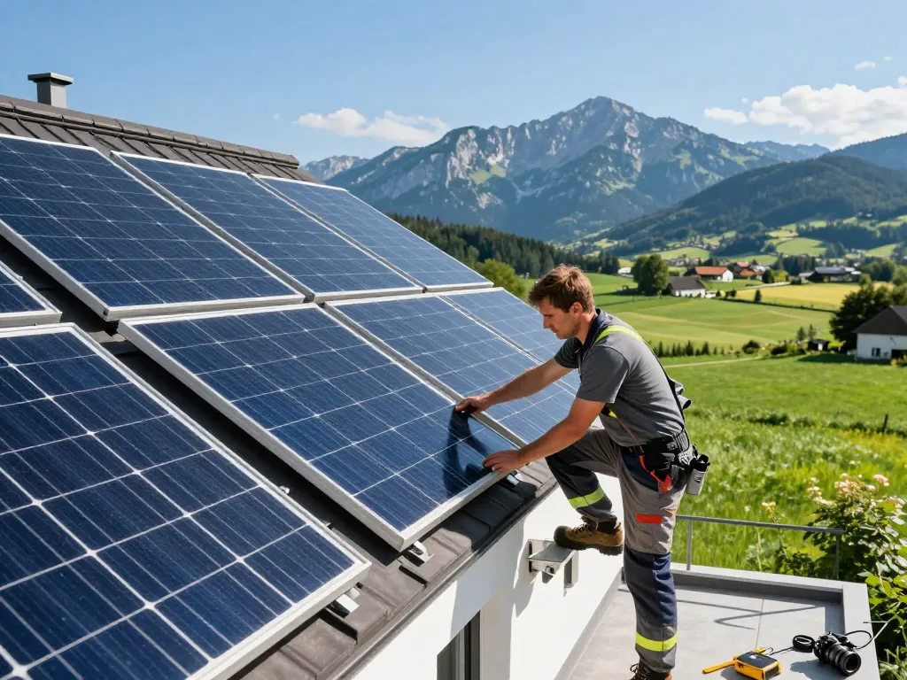 Experte installiert Photovoltaik Bayern Solarpaneele auf einem bayerischen Haus und zeigt Engagement für erneuerbare Energien.