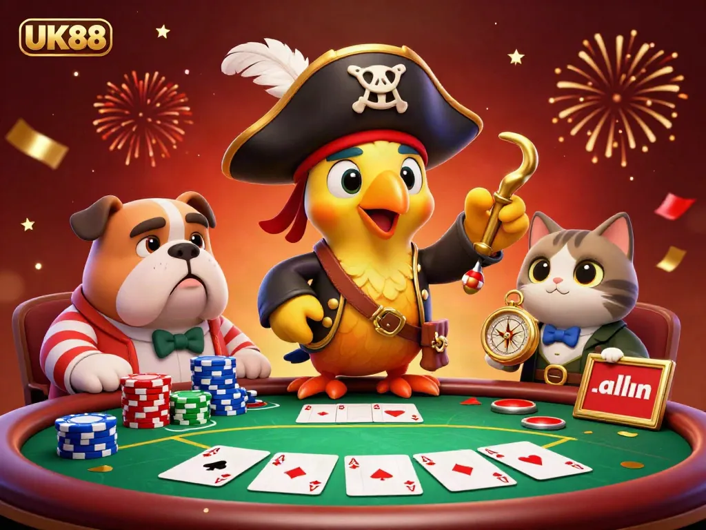 Experience the thrill of UK88 with vibrant colors and dynamic poker elements in this immersive illustration.