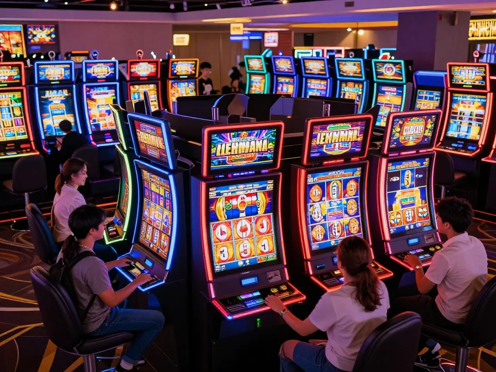 Players enjoying vibrant slot gacor action with colorful machines in a lively casino atmosphere.