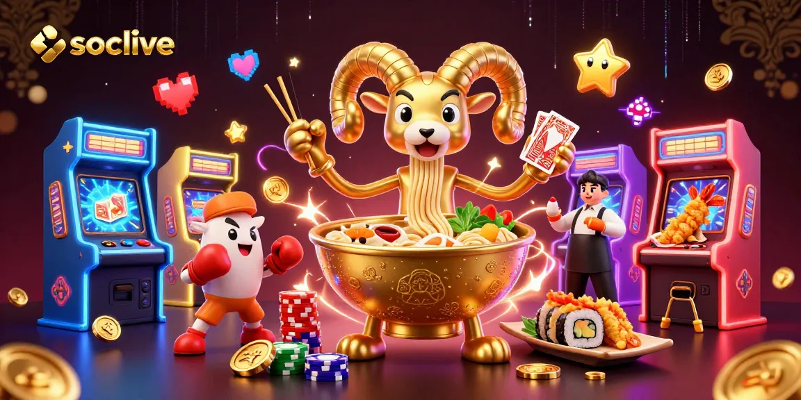 Socolive celebrates with a colorful 3D casino scene featuring giant ramen bowl characters stacking chips and gaming elements.