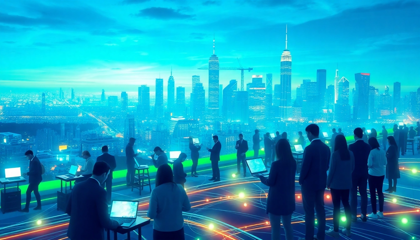 Visualisierung der Internet Trends mit einer futuristischen Stadt und vernetzten Geräten.