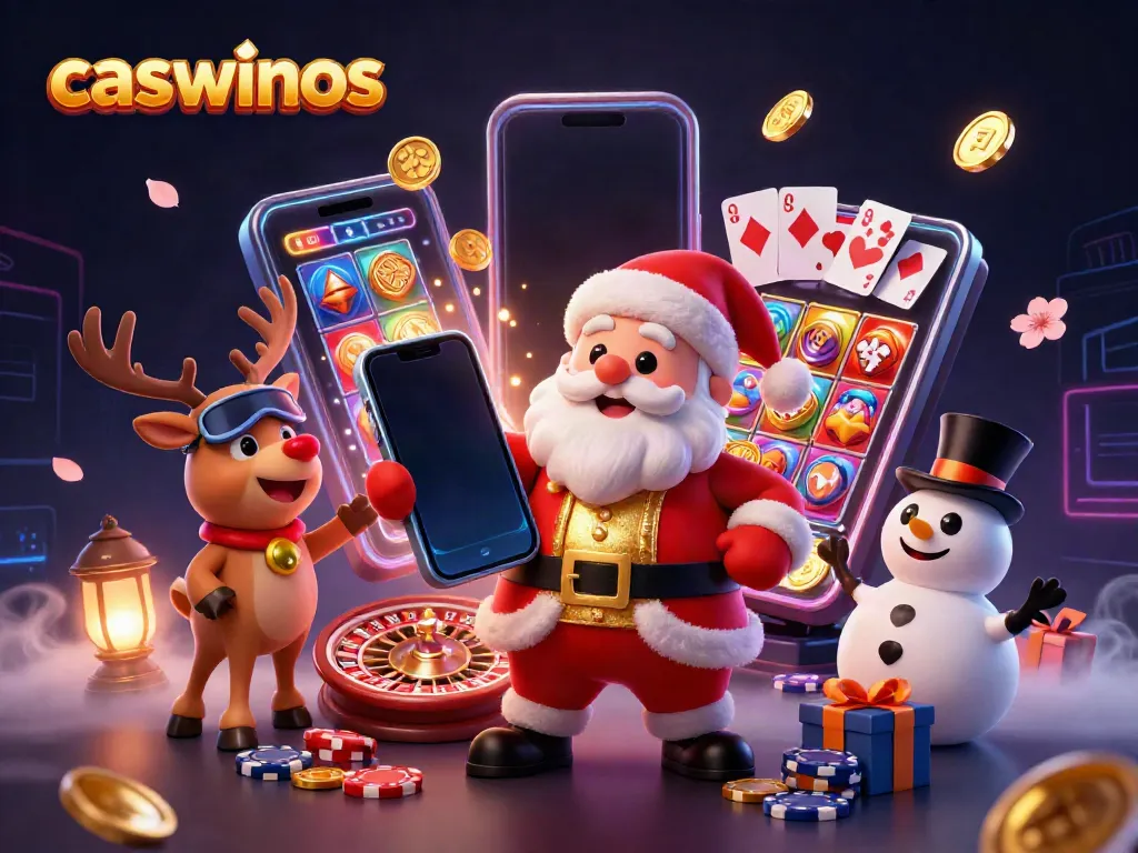 Experience the thrill of winning at caswinos with Santa, his reindeer dealer, and a poker chip snowman celebrating jackpots.