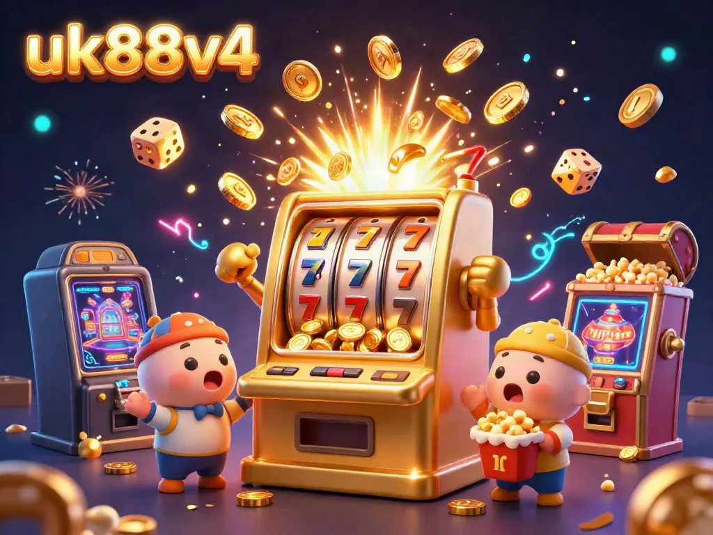 Engage in a vibrant casino experience with uk88v4, featuring a golden slot machine celebrating its jackpot.