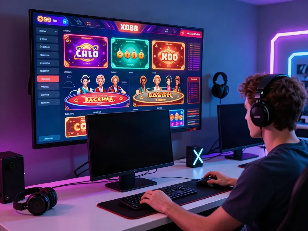 Engaging XO88 online gaming platform scene with vibrant interface and user immersed in gameplay.