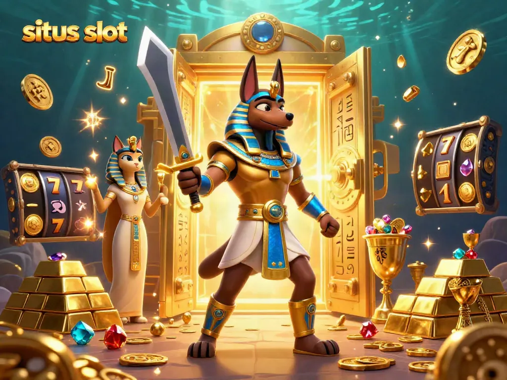 Win big at situs slot with Anubis and Bastet surrounded by treasures and jackpots.