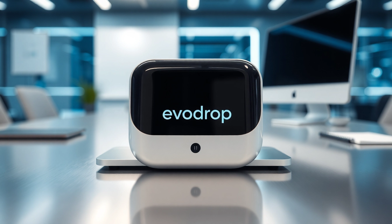evodrop als innovatives Gerät auf einem modernen Schreibtisch in einem futuristischen Büro.