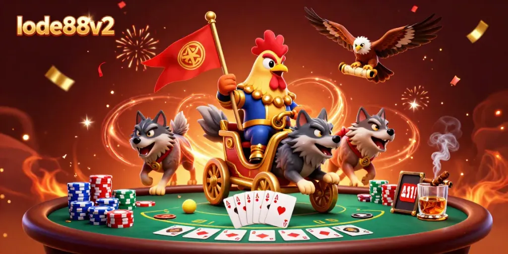Engage with lode88v2 as the rooster warlord leads a golden chariot in an epic casino scene.