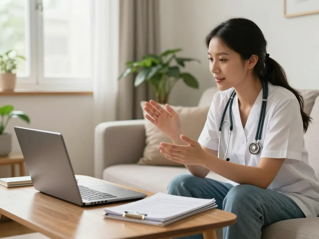Cannabis Rezept Online bestellen mit einer Telemedizin-Beratung in einem modernen Home-Office, das Zugänglichkeit und Komfort im Gesundheitswesen veranschaulicht.