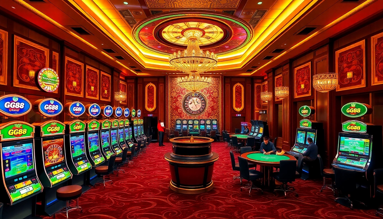 Players enjoying GG88-themed slot machines in a luxurious casino setting.
