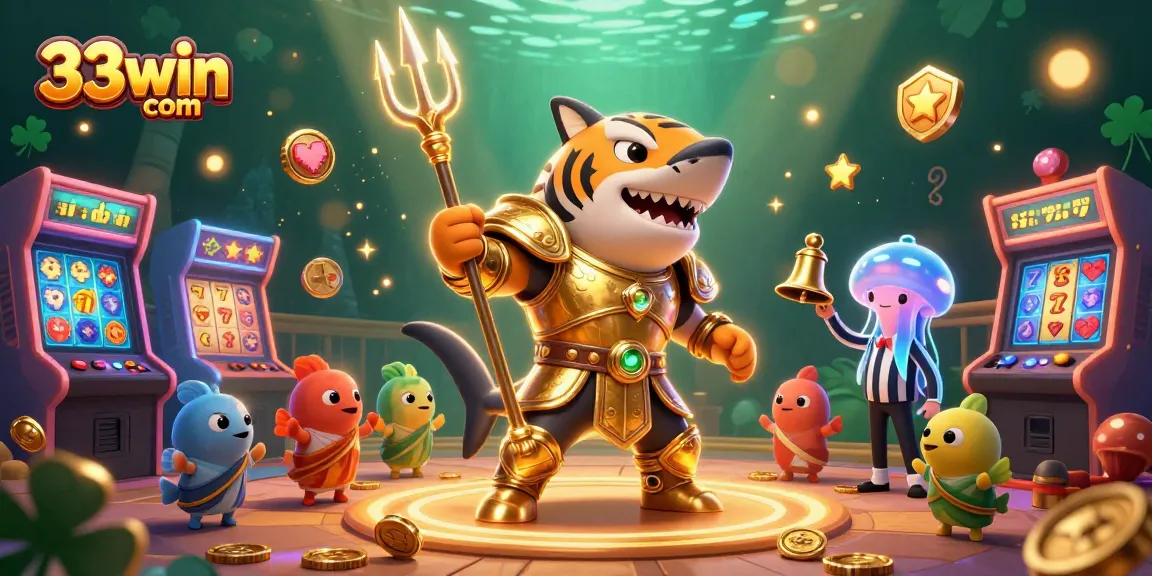 Engage in thrilling gameplay at 33win com with the vibrant underwater casino scene showcasing a tiger shark and arcade elements.
