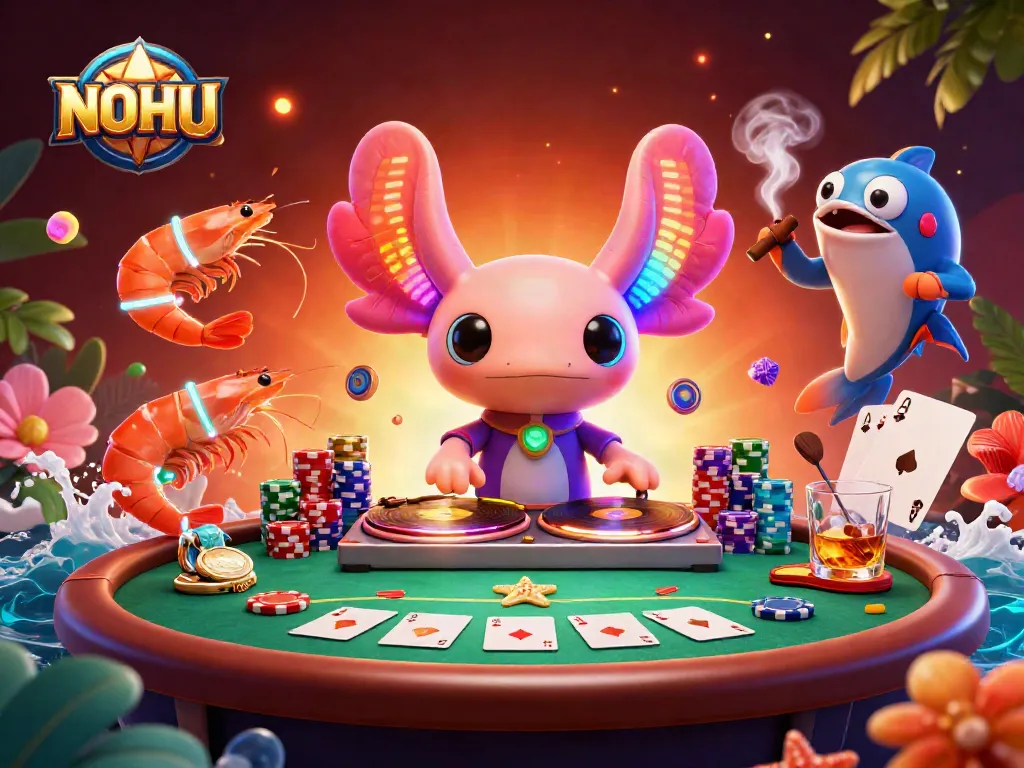 Engage with the NOHU casino experience as a neon axolotl DJ spins records amidst a vibrant underwater party.