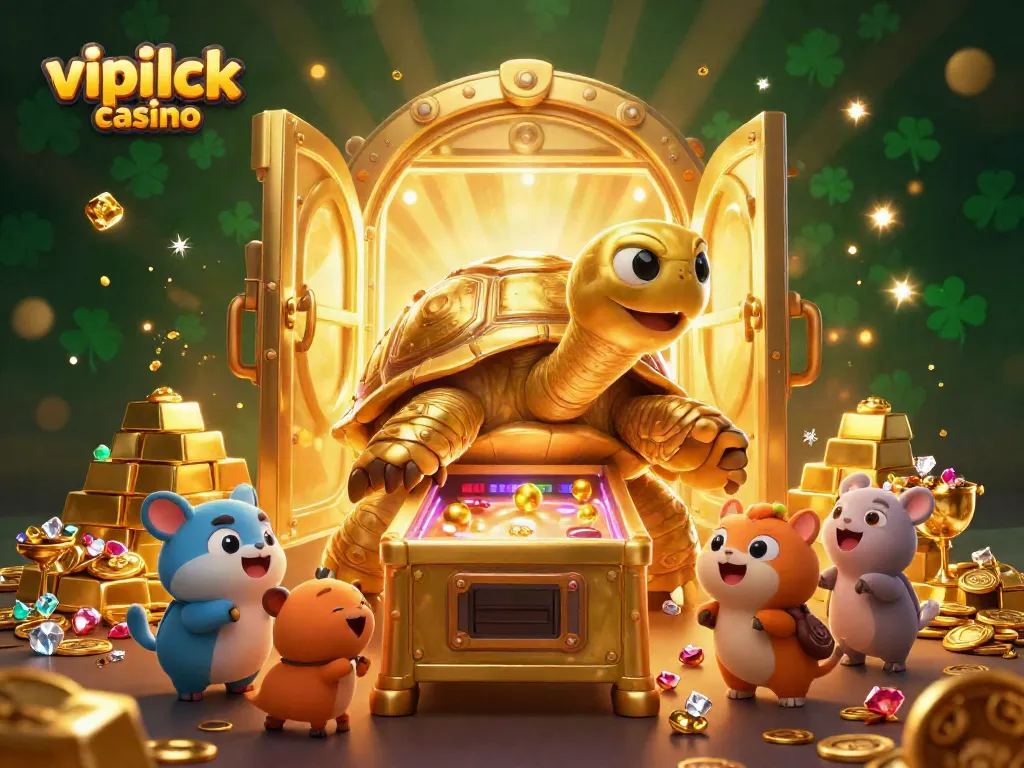 Spin the reels at vipluck casino with charming golden tortoise and treasure-filled scene!